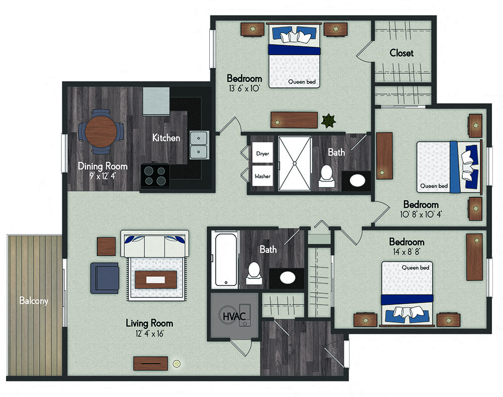 Floor plan for 3 beds, 2 baths, 1180 sqft